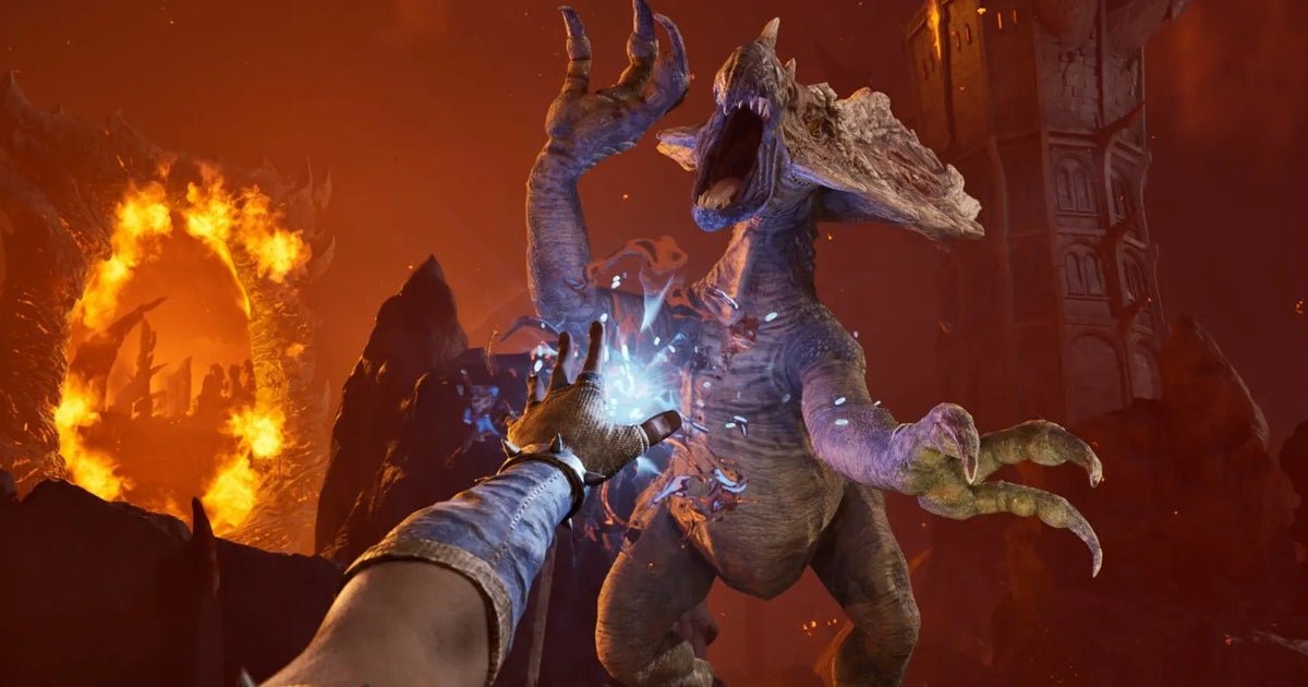 oblivion-remastered-screenshot-showing-a-character-reaching-the-arms-towards-a-dragon-like-creature-attacking-them-there-is-a-firey-portal-in-the-background